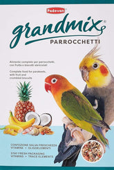 Padovan Grand Mix Parrocchetti parakeet food with fruits, seeds, and crumbled biscuits in fresh packaging